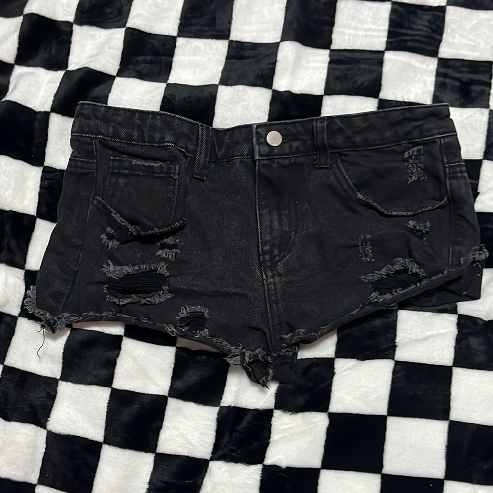 SHEIN Black Jean Shorts with Distressed Frayed Hem